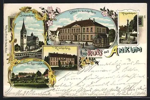 Lithographie Ankum, Hotel im deutschen Hause, Gut Eggermühlen, Krankenhaus, St. Nicolai Kirche
