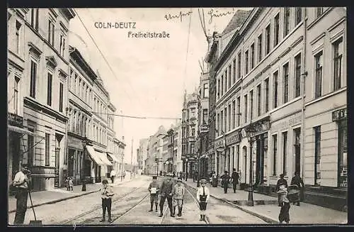 AK Köln-Deutz, Freiheitstrasse mit Metzgerei und Apotheke