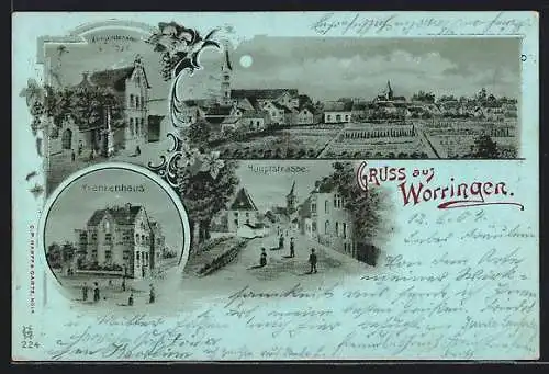 Mondschein-Lithographie Köln-Worringen, Hauptstrasse, Krankenhaus, Kriegerdenkmal