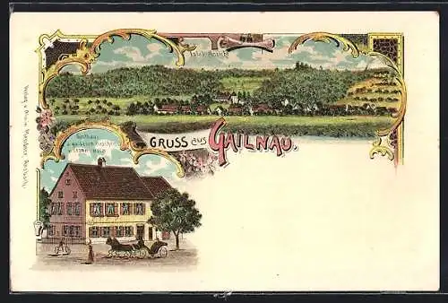 Lithographie Gailnau, Gasthaus z. goldenen Hirschen, Totalansicht vom Ort