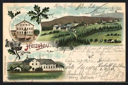 Lithographie Herzogau, Brauerei, Ortsansicht mit Forsthaus-Lengau