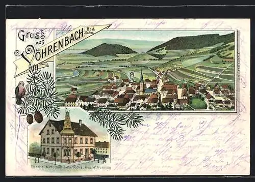 Lithographie Vöhrenbach /Bad. Schw., Gasthof Bahnhof-Wirtschaft z. Wartecke