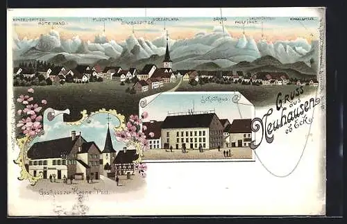 Lithographie Neuhausen ob Eck, Gasthaus zur Krone, Post, Schulhaus, Ortsansicht