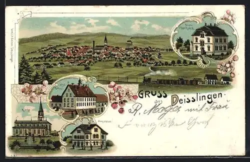 Lithographie Deisslingen, Kirche, Neues Pfarrhaus, Pumpstation