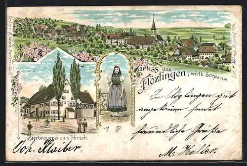 Lithographie Flözlingen /würtb. Schwarzw., Bierbrauerei zum Hirsch, Frau in Tracht