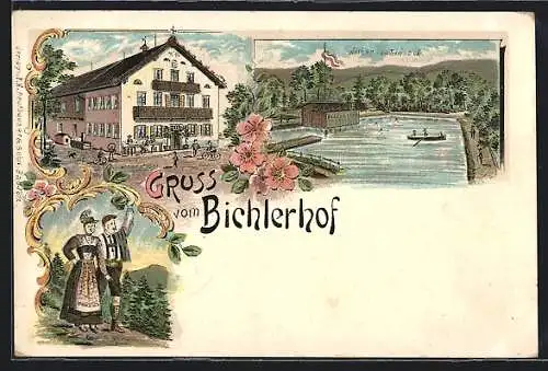 Lithographie Bad Tölz, Gasthaus Bichlerhof, Weiher von Einbach