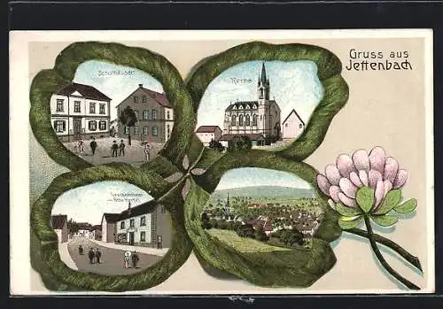 Passepartout-Lithographie Jettenbach / Inn, Geschäftshaus von Otto Hertel, Kirche, Abbildungen auf Kleeblatt