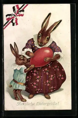 Künstler-AK Osterhasen mit grossem Osterei