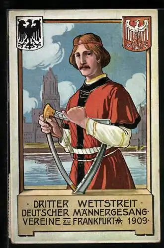 Künstler-AK Frankfurt a. M., Dritter Wettstreit Deutscher Männergesangvereine 1909, Marke zur ILA 1909