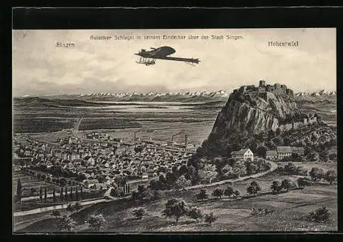 AK Singen / H., Flugwochen 1913, Aviatiker Schlegel in seinem Eindecker über der Stadt