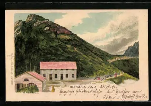 Künstler-AK Herzogstand, Gasthaus in Gebirgslandschaft