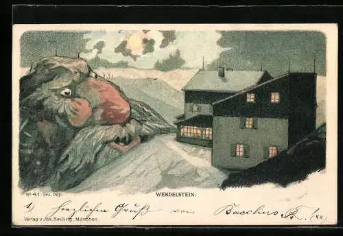 Lithographie Seiling Nr. 41: Wendelstein, Berggasthof bei Nacht, Berg mit Gesicht / Berggesichter