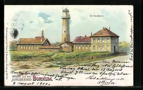Lithographie Borkum, Leuchtturm, nächtlicher Betrieb