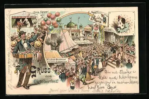 Lithographie München, Oktoberfest, Kasperletheater, Kuchen-Bäckerei, Menagerie