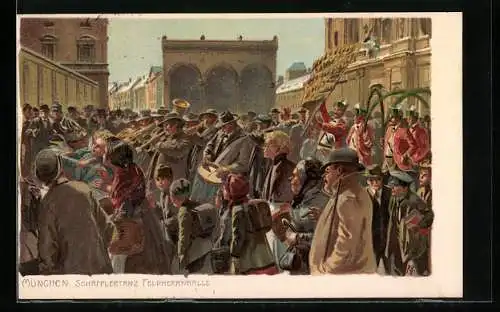 Künstler-Lithographie Paul Hey: München, Schäfflertanz vor der Feldherrnhalle