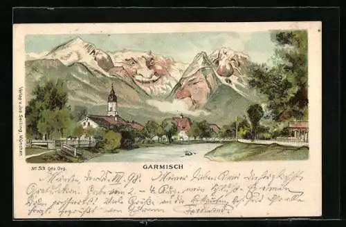 Künstler-AK Seiling Nr. 53: Garmisch, Ortsansicht mit Blick zum Gebirge, Berg mit Gesicht / Berggesichter