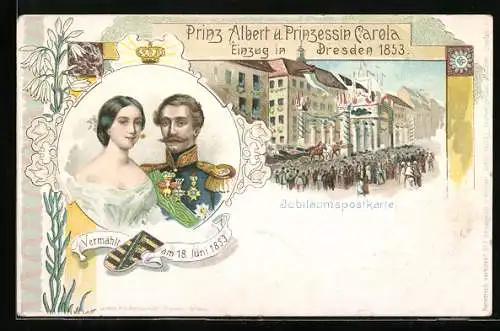 Lithographie Dresden, Prinz Albert von Sachsen und Prinzessin Carola beim Einzug in die Stadt 1853
