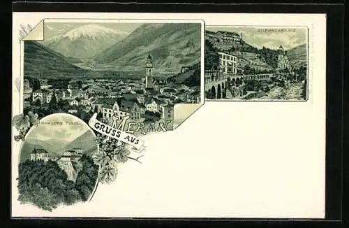 Lithographie Meran, Schloss Tirol, Gilfpromenade, Panoramablick auf die Stadt