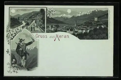 Mondschein-Lithographie Meran, Ortsansicht aus der Vogelschau, Mann in Tracht