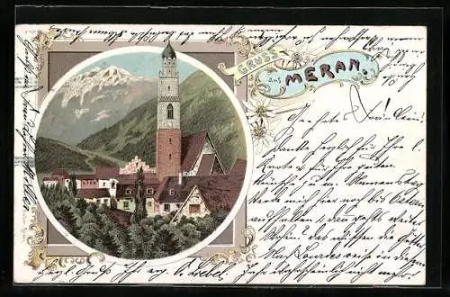 Lithographie Meran, Teilansicht mit St. Nikolaus-Kirche
