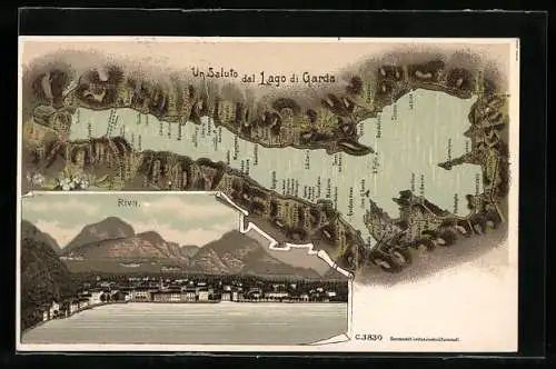 Lithographie Riva, Ortsansicht, Landkarte Gardasee mit umliegenden Ortschaften