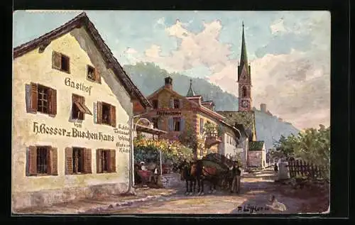 AK Terlan a. d. Etsch, Gasthof von H. Gesser z. Buschen-Hans und Kirche