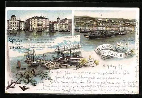 Lithographie Trieste, Molo San Carlo, Palazzo Carciotti, Hafen