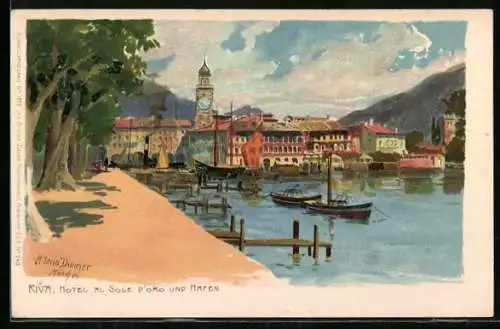 Künstler-AK Zeno Diemer: Riva, Hotel al Sole D`oro und Hafen