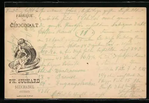 Vorläufer-Lithographie Neuchatel, 1892, Ph. Suchard, Fabrique de Chocolat, Schokoladen-Naschkatzen, Reklame, Ganzsache