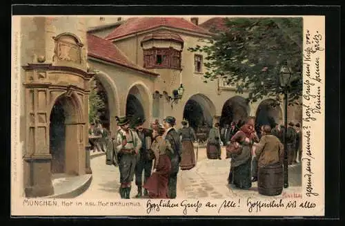 Künstler-Lithographie Paul Hey: München, Hof im Königlichen Hofbräuhaus