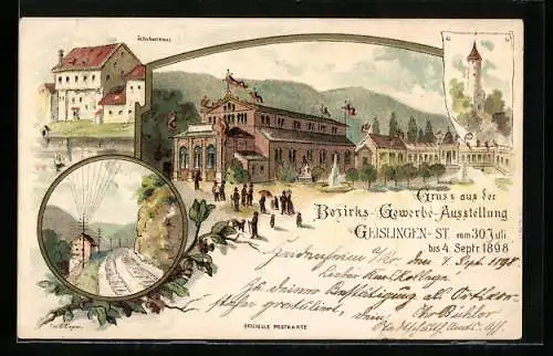 Lithographie Ganzsache Württemberg PP11C37: Geislingen, Bezirks-Gewerbe-Ausstellung 1898, Schubarthaus
