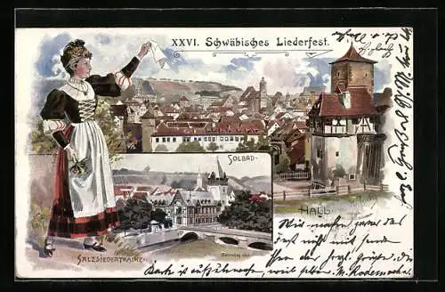 Lithographie Ganzsache Württemberg PP11D9: Schwäb. Hall, XXVI. Schwäbisch. Liederfest 1901, Frau in Salzsiedertracht