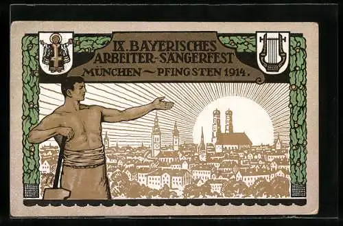 Künstler-AK Ganzsache Bayern PP27C123 /01: München, Festpostkarte zum IX. Bayer. Arbeiter-Bundes-Sängerfest 1914