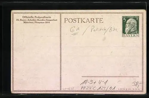 Künstler-AK Ganzsache Bayern PP27C123 /01: München, Festpostkarte zum IX. Bayer. Arbeiter-Bundes-Sängerfest 1914