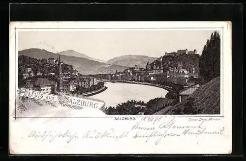 Vorläufer-Lithographie Salzburg, 1890, Panorama mit Stadt und Salzach
