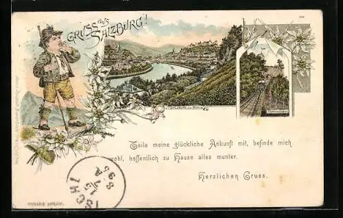 Vorläufer-Lithographie Salzburg, 1895, Stadtansicht von Mülln aus, Festungsbahn