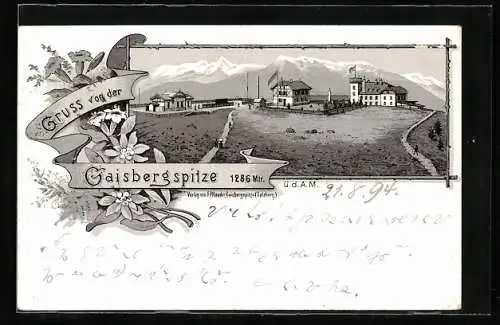 Vorläufer-Lithographie Gaisbergspitze, 1894, Aussicht mit Berg-Gasthof