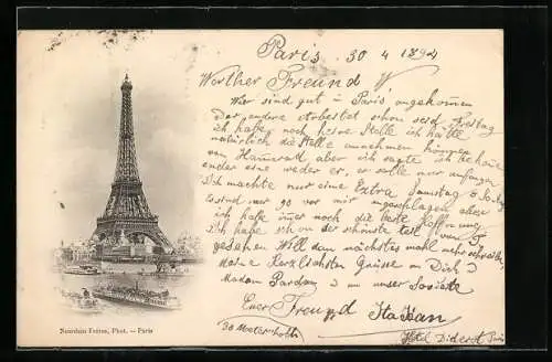 Vorläufer-AK Paris, 1894, La Tour Eiffel, Eiffelturm, Dampfer auf der Seine