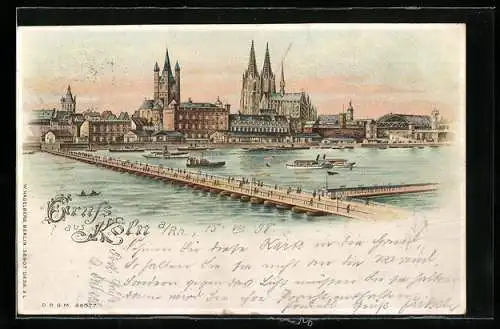 Lithographie Köln, Stadtpanorama mit Brücke und Dampfern, Halt gegen das Licht: beleuchtete Fenster
