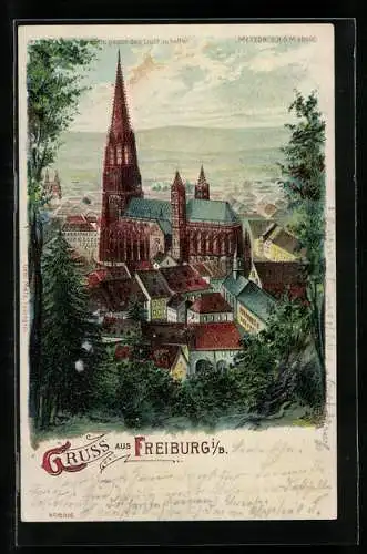 Lithographie Freiburg i. B., Blick auf das Münster, Halt gegen das Licht: Vollmond