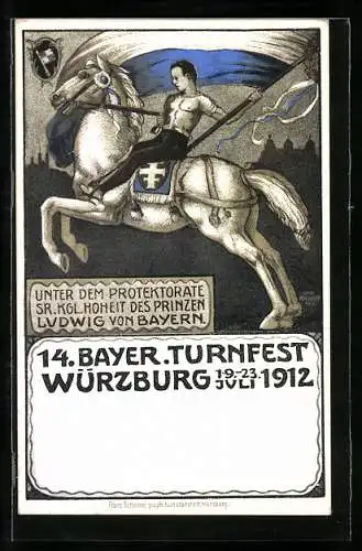 Künstler-AK Würzburg, 14. Bayer. Turnfest 1912, Turner auf Pferd, Ganzsache Bayern