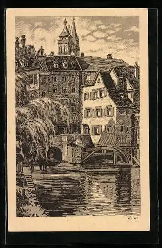 Künstler-AK Esslingen, 31. Schwäb. Liederfest 1925, Festpostkarte, Ortspartie am Wasser, Ganzsache