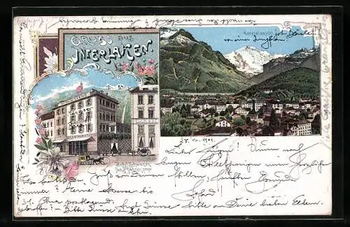 Lithographie Interlaken, Hotel Schwanen mit Restaurant, Ortsansicht