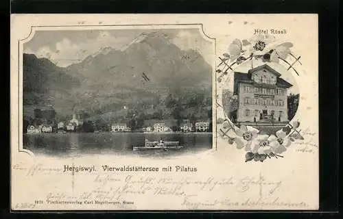 AK Hergiswyl, Hotel Rössli, Vierwaldstättersee mit Dampfer und Pilatus