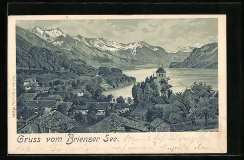 Lithographie Ringgenberg, Blick auf den Brienzer See