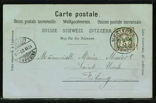 Mondschein-Lithographie Romont, Eglise de Romont, Ortsansicht