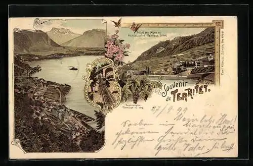 Lithographie Territet, Totalansicht, Hotel des Alpes et Funiculaire Territet-Glion
