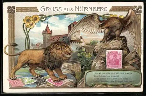 Lithographie Ganzsache Bayern PP15E16 /01: Nürnberg, Bayerischer Löwe verteidigt Briefmarken gegen Preussischen Adler