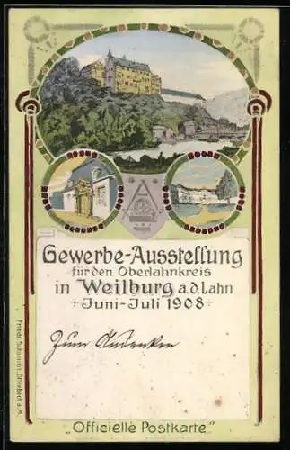Lithographie Ganzsache PP27C96: Weilburg a. d. Lahn, Gewerbe-Ausstellung für den Oberlankreis 1908, Schloss