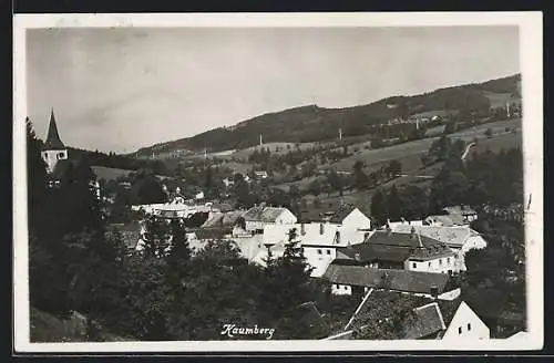 AK Kaumberg, Ortsansicht mit Kirche aus der Vogelschau